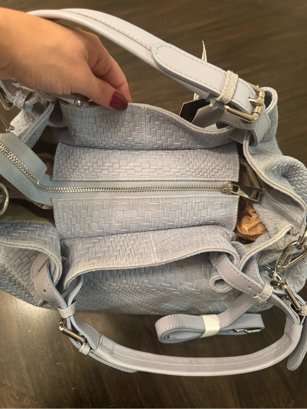 Woven Leather Tote Bag in Light Gray